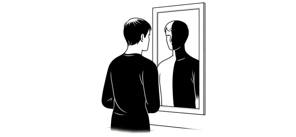 Illustration : une personne face à son reflet dans un miroir
