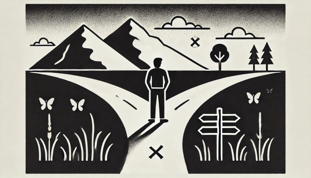 Illustration : une personne face à deux chemins, au pied des montagnes