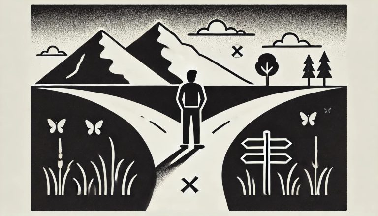 Illustration : une personne face à deux chemins, au pied des montagnes