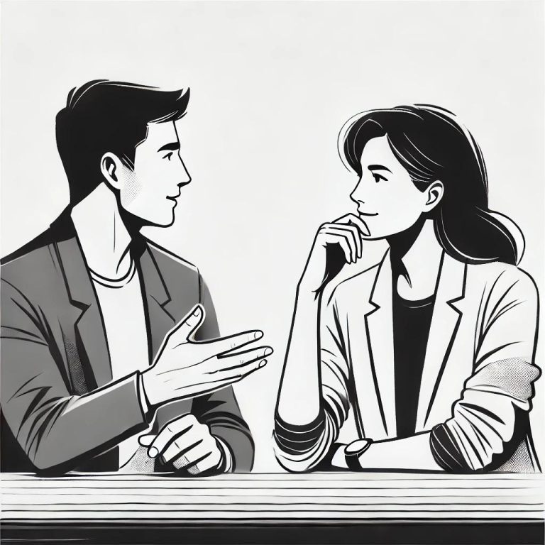 Illustration : deux personnes en conversation, l’une écoute en réfléchissant