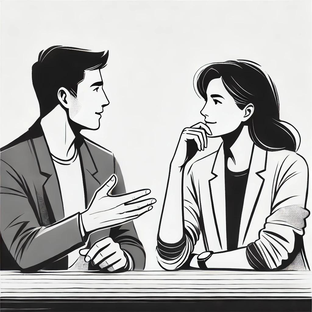 Illustration : deux personnes en conversation, l’une écoute en réfléchissant