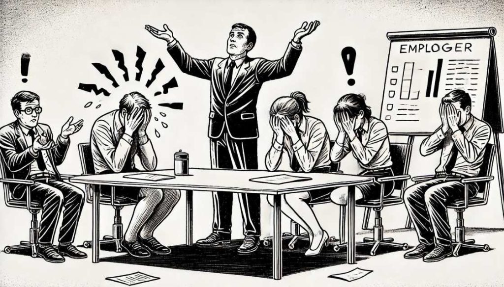 Illustration : un manager qui s’emporte en réunion devant des salariés découragés