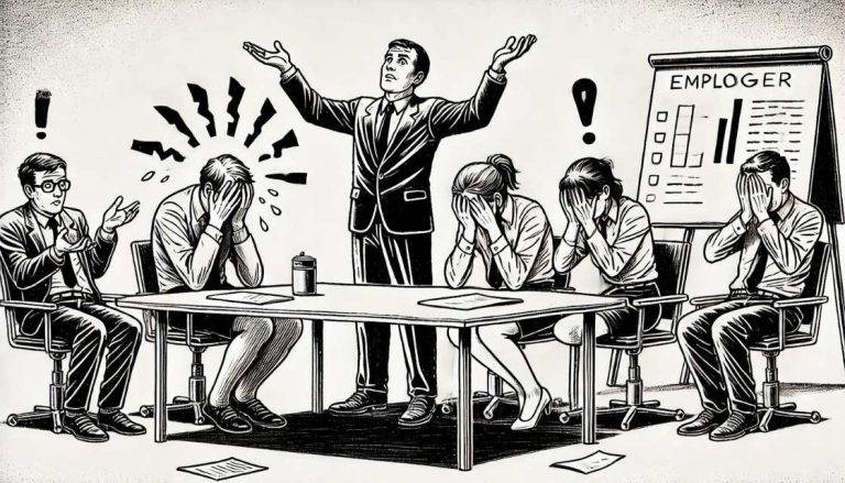 Illustration : un manager qui s’emporte en réunion devant des salariés découragés