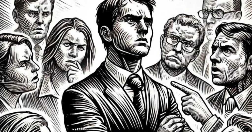Illustration : un homme sûr de lui entouré de personnes sceptiques