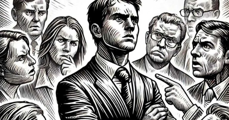 Illustration : un homme sûr de lui entouré de personnes sceptiques