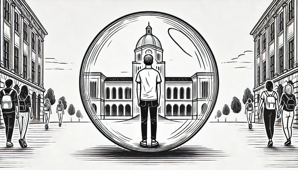 Illustration : un étudiant isolé dans une bulle devant une université