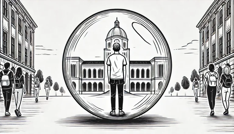 Illustration : un étudiant isolé dans une bulle devant une université